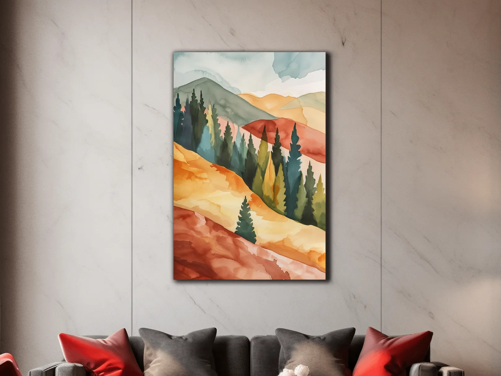 Rustic Autumn Watercolor Mountains & Pine Forest - Serene Abstract Landscape Wall Art