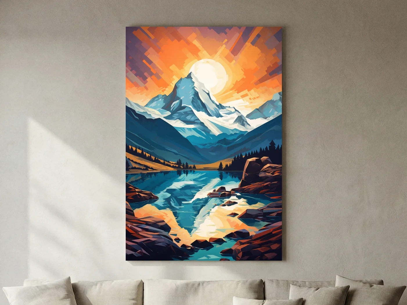 Vibrant Geometric Alpine Glacier Sunrise - Abstract Lake Landscape Wall Art