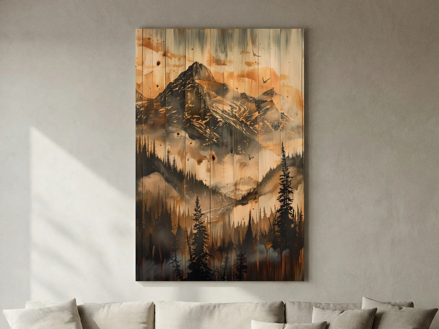 Rustic Woodgrain Mountain Landscape Painting - Sepia Misty Pine Forest Wall Art