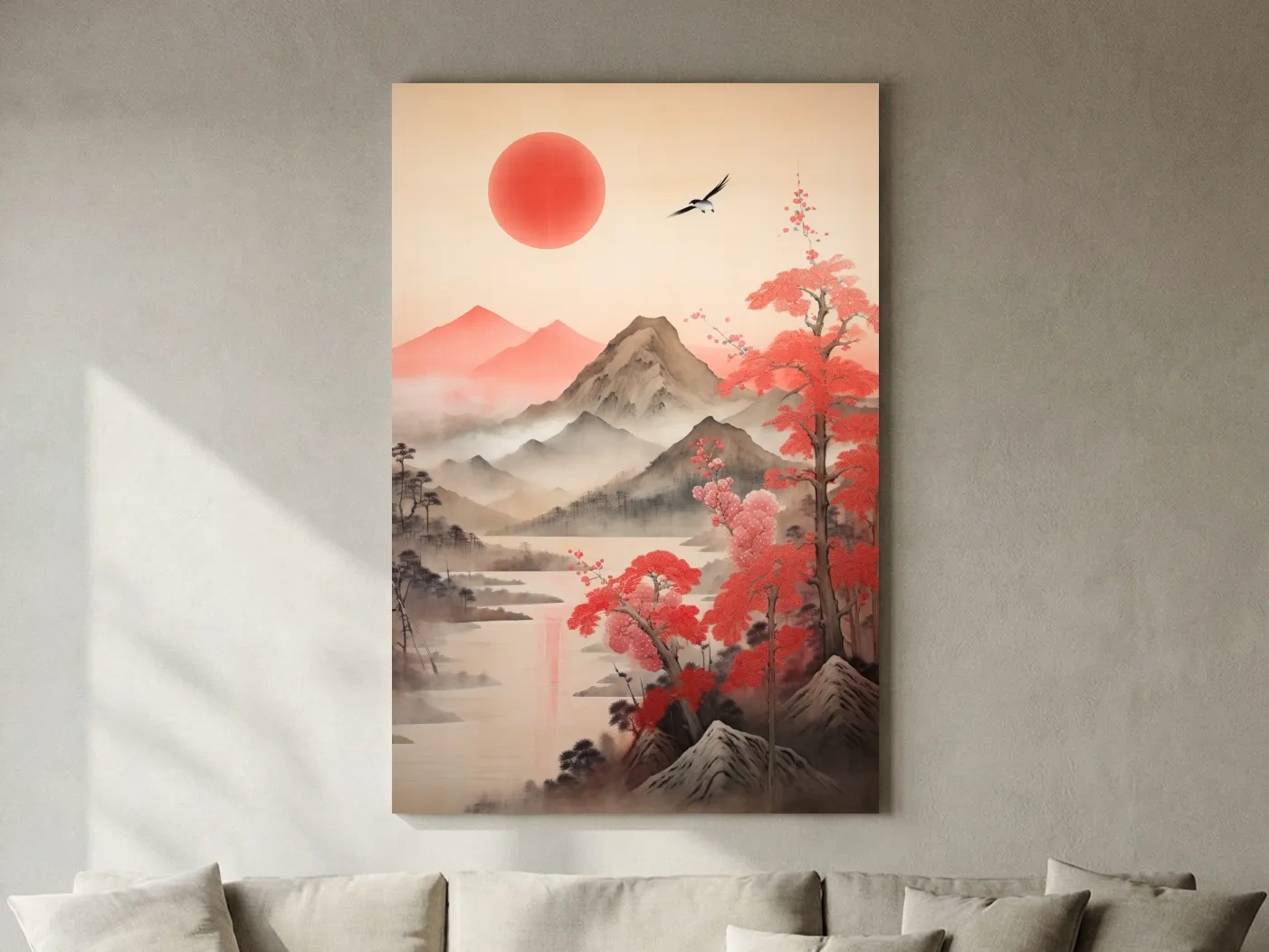 Japanese Ink Wash Mountain Sunrise - Sakura Cherry Blossom Wall Art