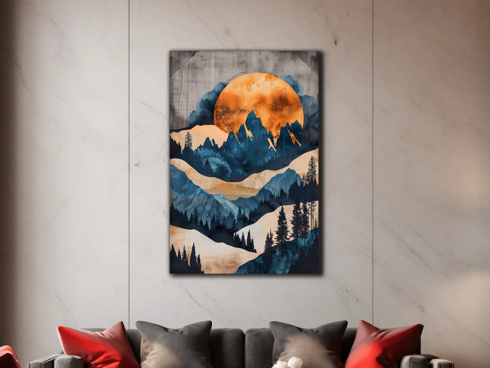 Abstract mountain and forest artwork at sunset, mixed media watercolor style art