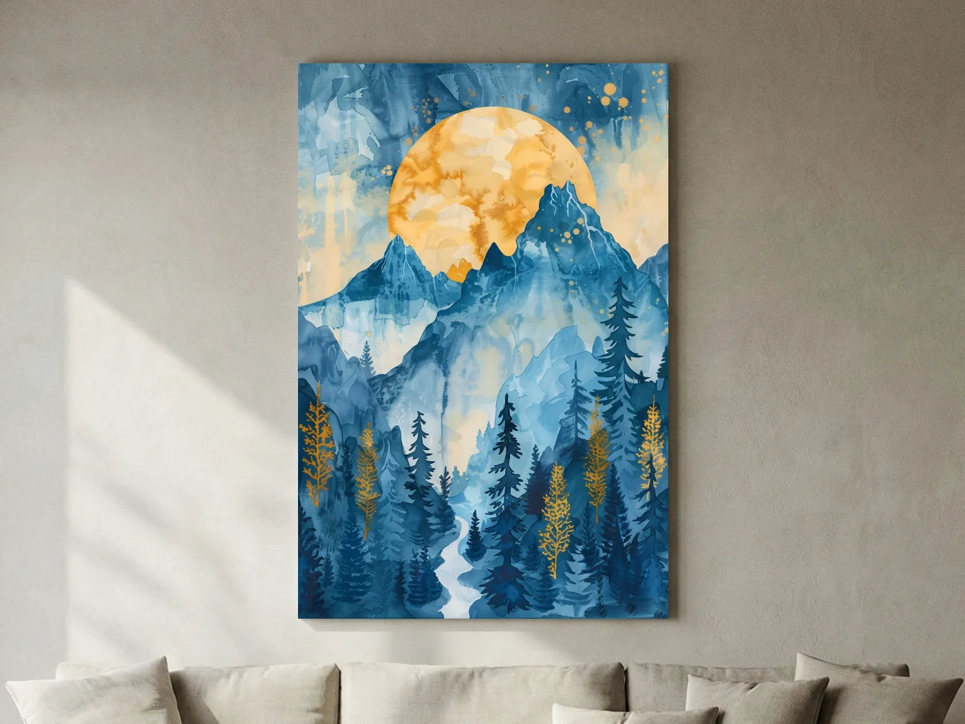Alpine Sunset Watercolor Painting - Mountain Forest Landscape Wall Art