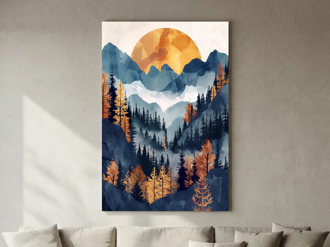 Foggy Autumn Alpine Forest Sunset - Modern Watercolor Mountain Wall Art