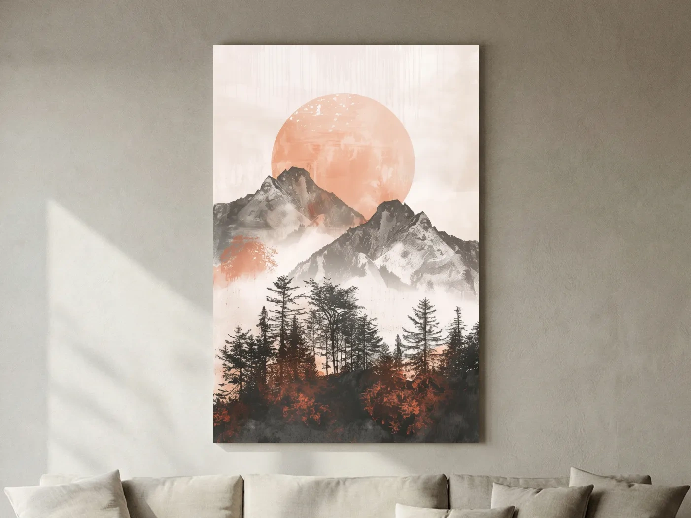 Japandi Mountain Sunrise With Pine Forest - Minimalist Watercolor Landscape Art