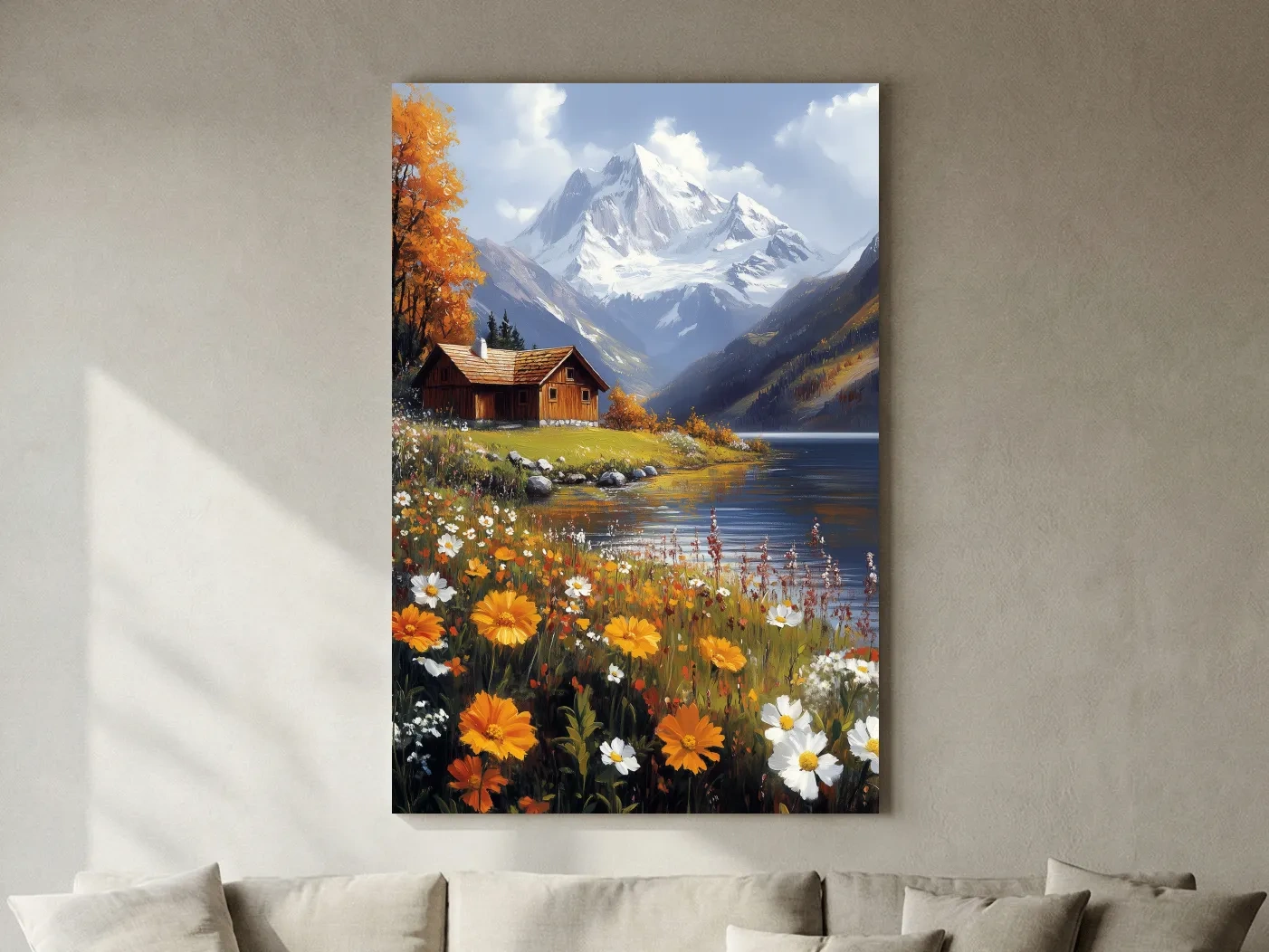Autumn Alpine Lake Cabin Impressionist Painting - Snowcapped Mountain Wildflower Wall Art