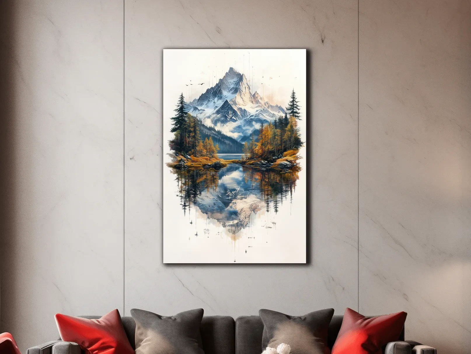 Alpine lake painting, tattoo inspired mountain glacier wall art