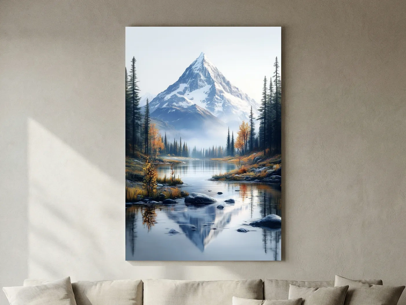 Majestic Snowcapped Mountain Lake Artwork - Serene Alpine Meadows Wall Art