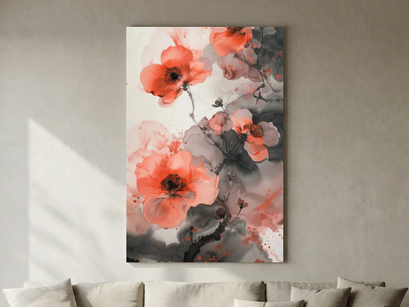 Poppy Blossom Ink Wash Painting - Floral Botanical Watercolor Artwork