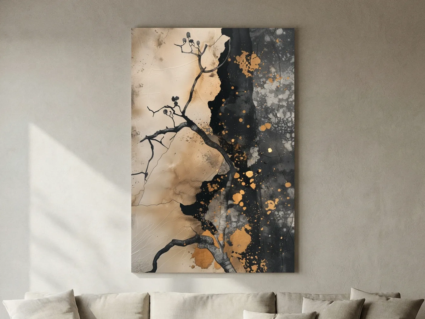 Ink Branch Silhouette With Gold Splatter - Modern Japandi Abstract Wall Art