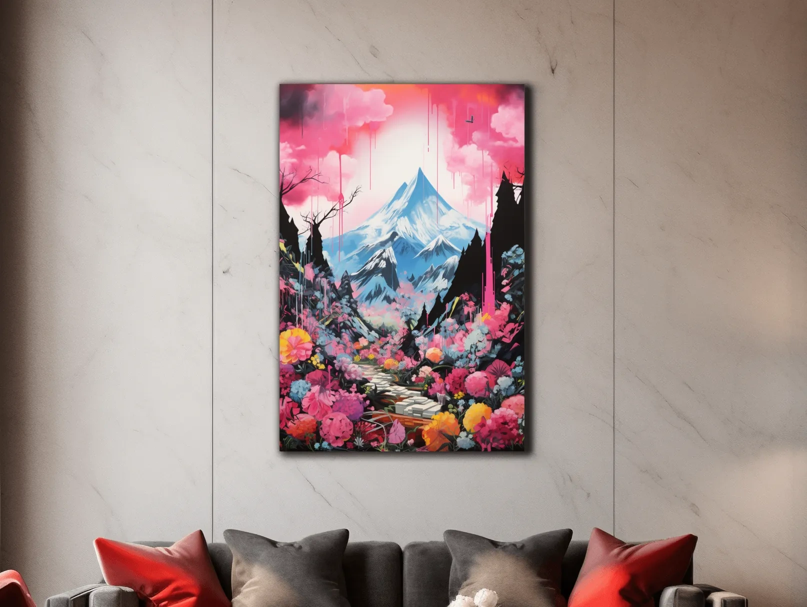 Energetic illustration of pink alpine flowers by a glacier