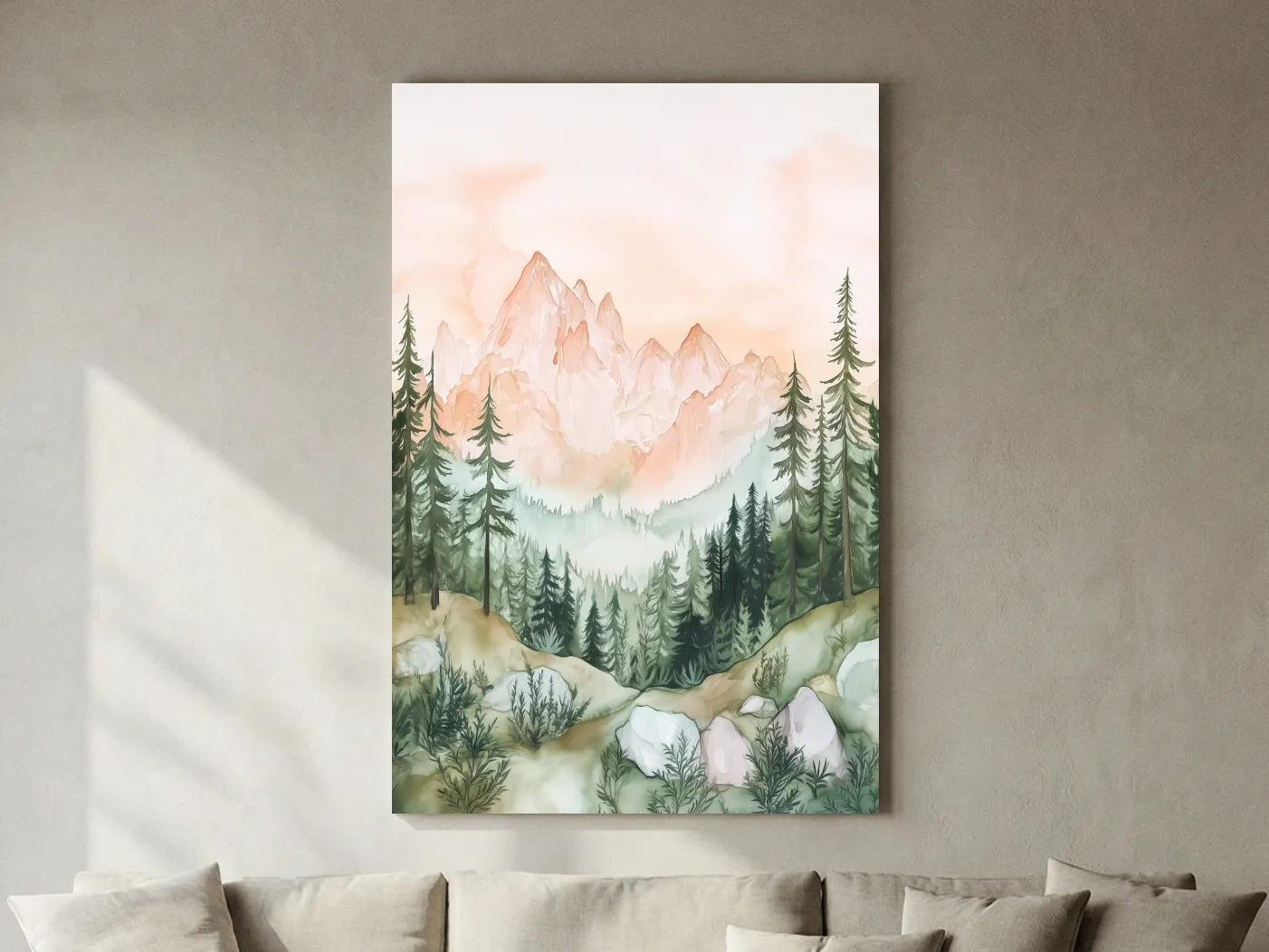 Pastel Watercolor Mountain Peaks & Pine Forest - Serene Alpine Landscape Artwork