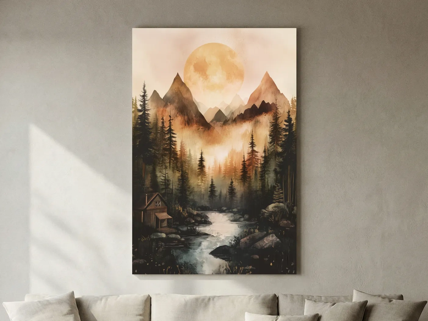 Misty Mountain River Cabin Watercolor - Rustic Forest Wall Art