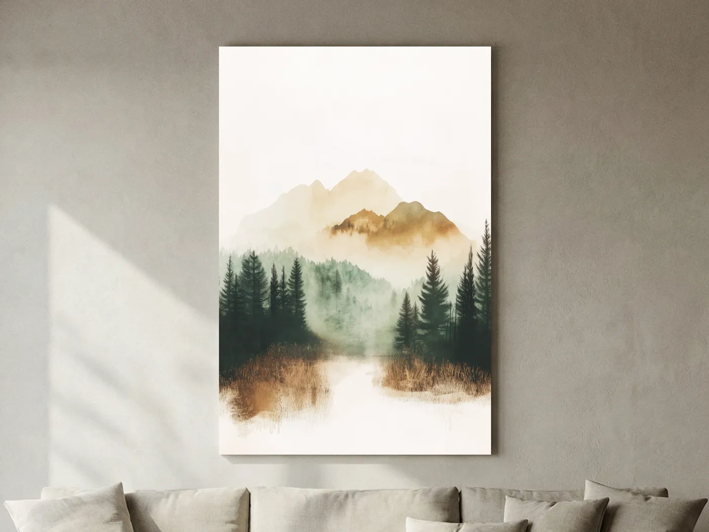 Misty Watercolor Mountain Lake & Pine Forest - Serene Nature Landscape Wall Art