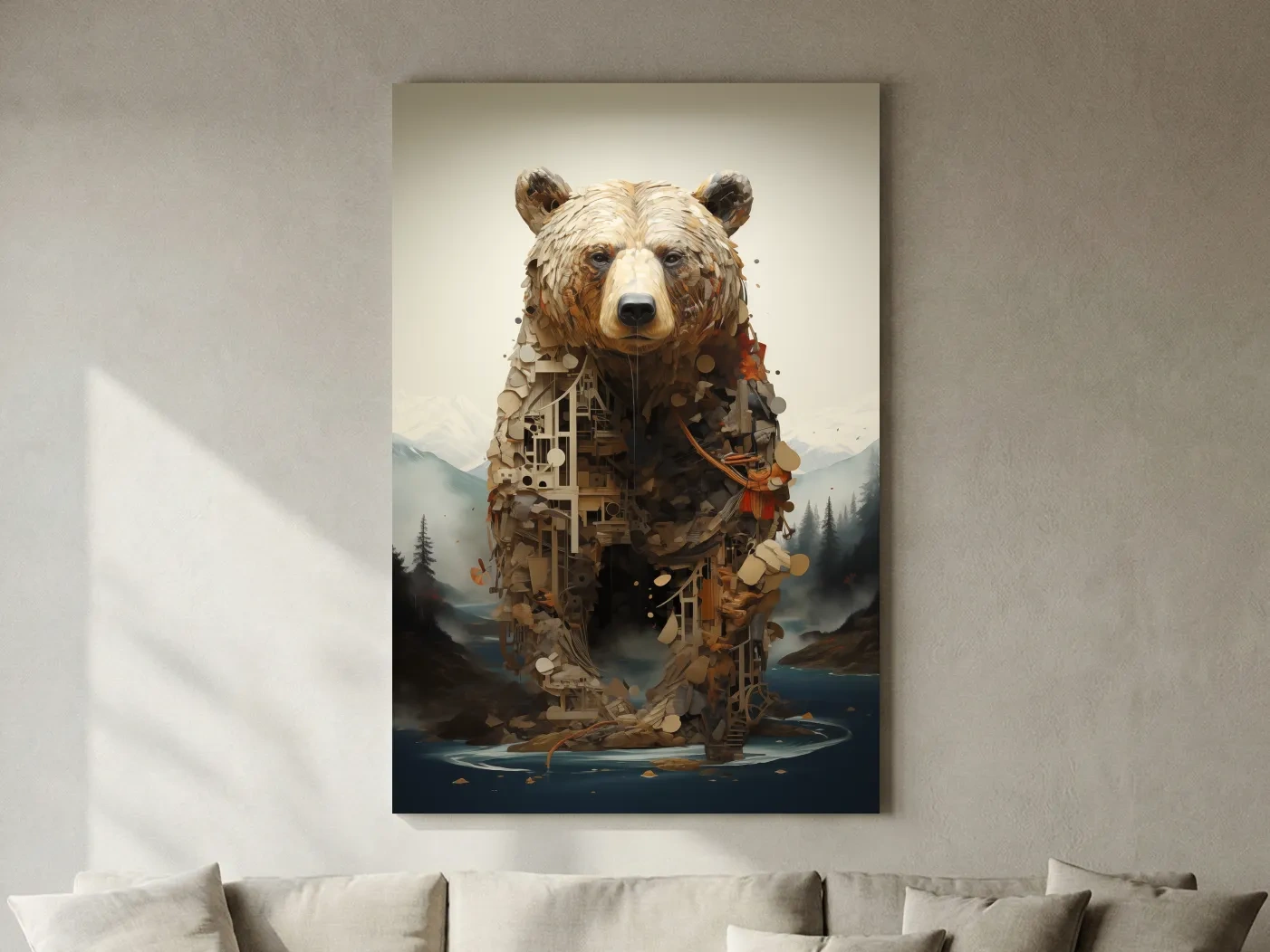 Surreal Grizzly Bear Collage Illustration - MC Escher Style Wildlife Wall Art