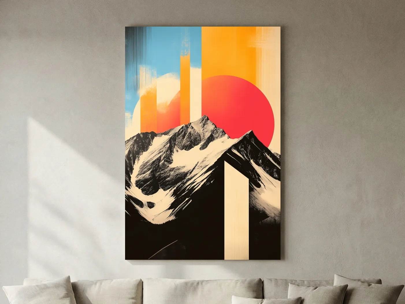 Retro Snowcapped Mountain Sunset Collage - Modern Geometric Landscape Wall Art