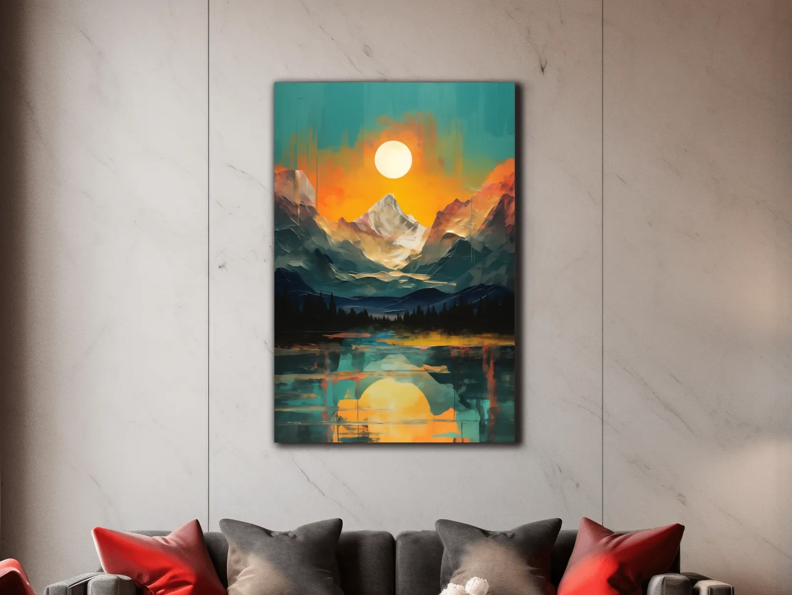 Vibrant Abstract Mountain Lake Sunset - Colorful Landscape Wall Art