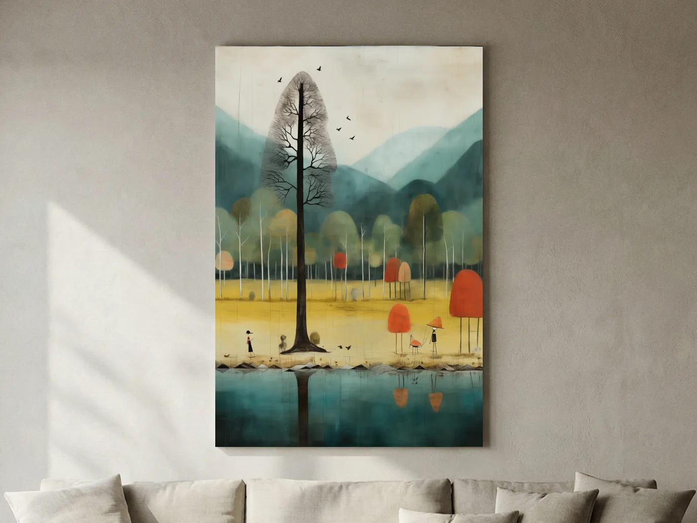Whimsical Autumn Forest Lake Landscape - Quirky Nature Wall Art