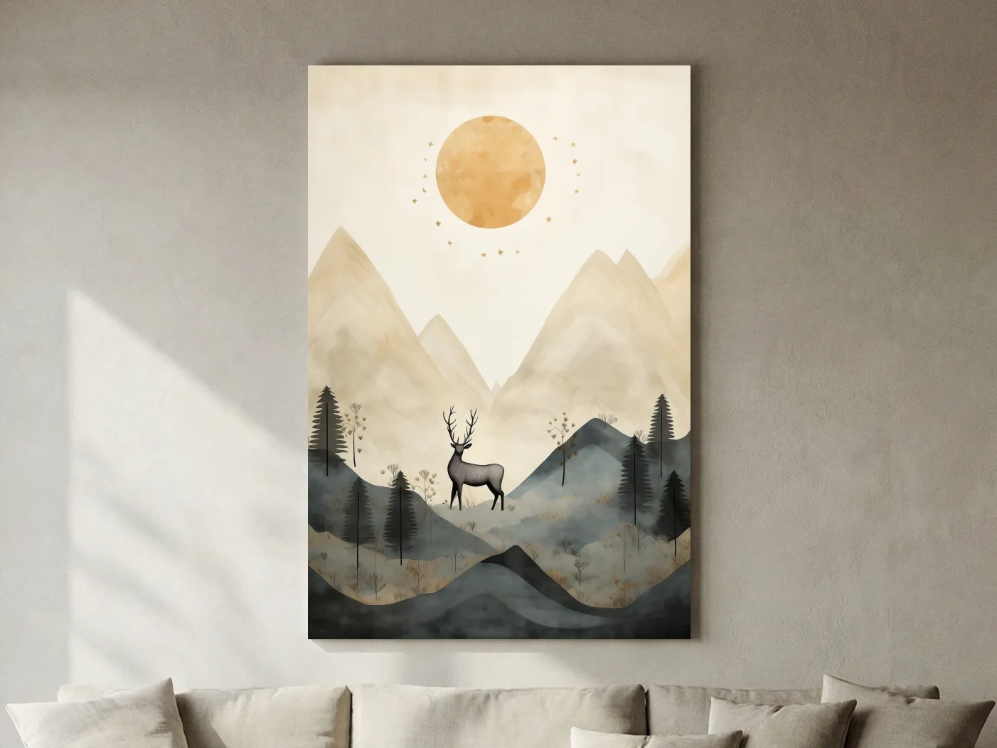Boho Deer In Misty Mountains - Woodland Landscape Wall Art