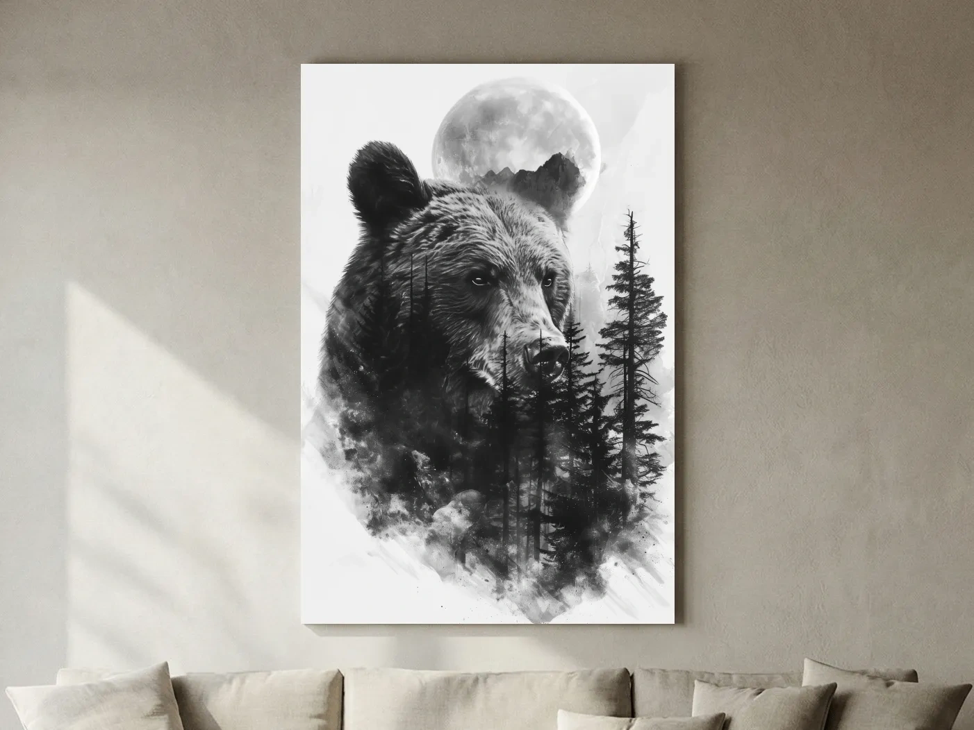 Grizzly Bear Moon Forest Drawing - Black And White Double Exposure Wildlife Wall Art