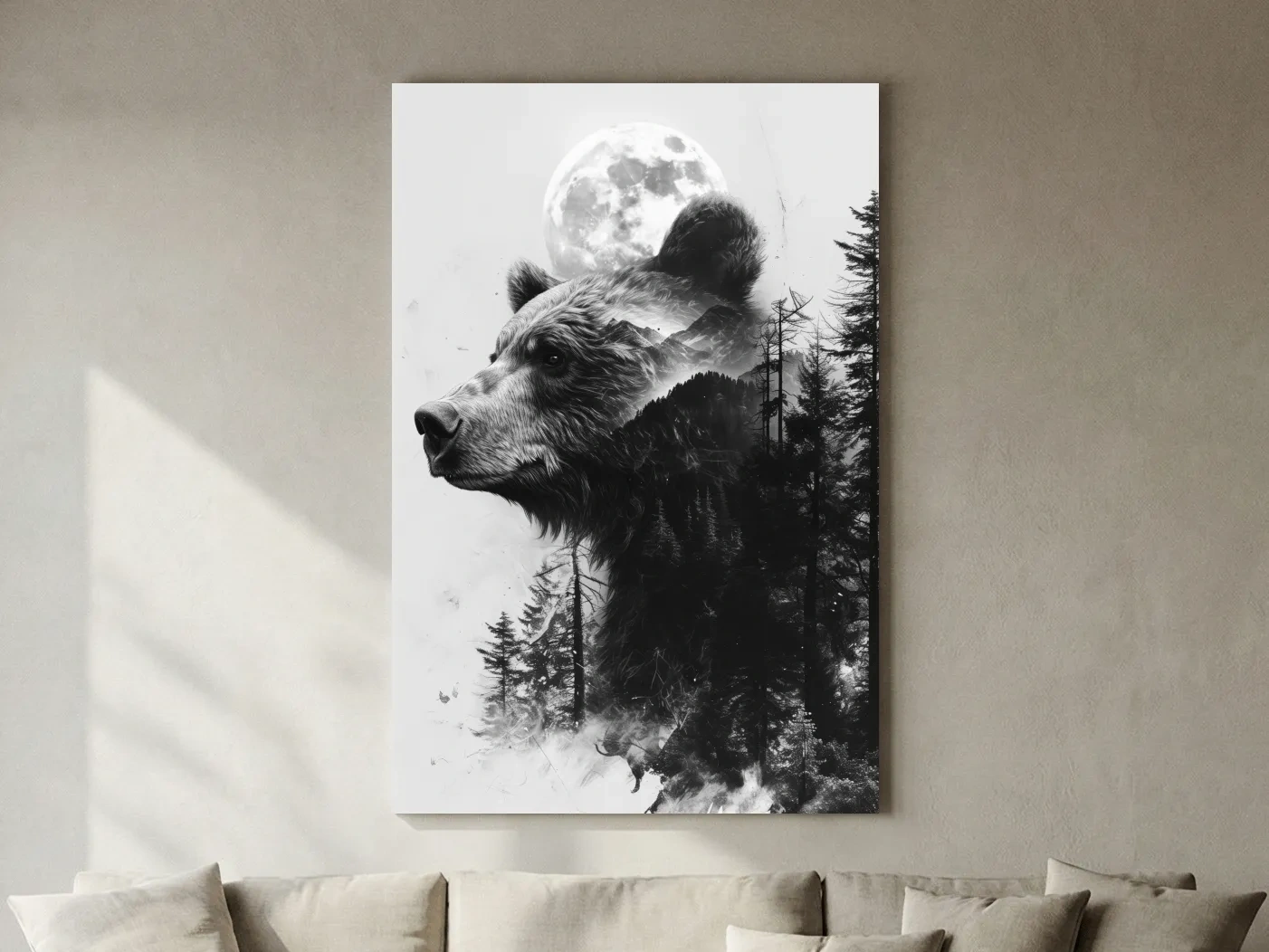 Grizzly Bear Double Exposure Drawing - Moonlit Pine Forest Wildlife Wall Art