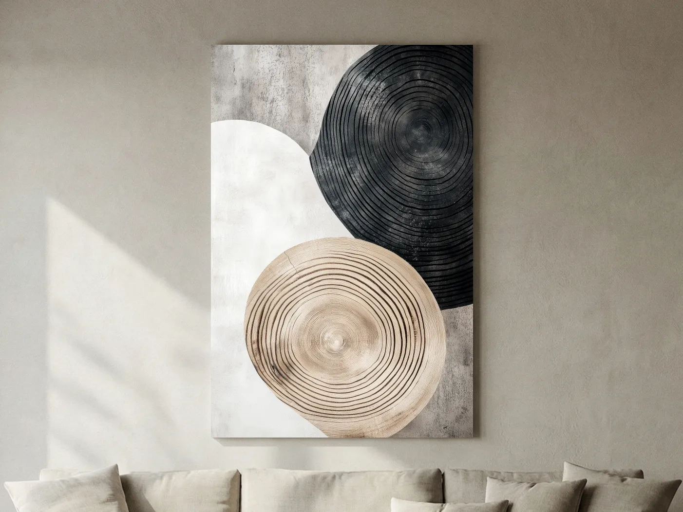 Minimalist Black Beige Wood Grain Circles - Modern Rustic Wall Art