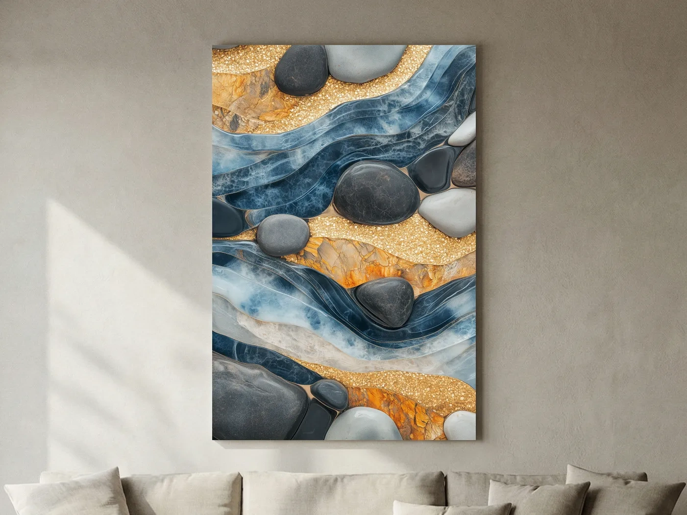 Abstract Blue River Stone Mosaic - Modern Pebble Texture Wall Art