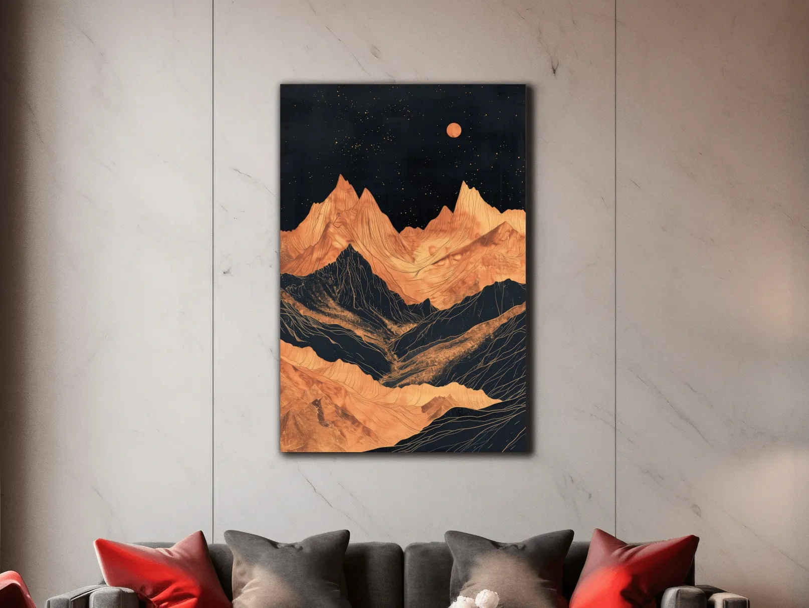 Moonlit elegant mountain artwork, metallic block print effect