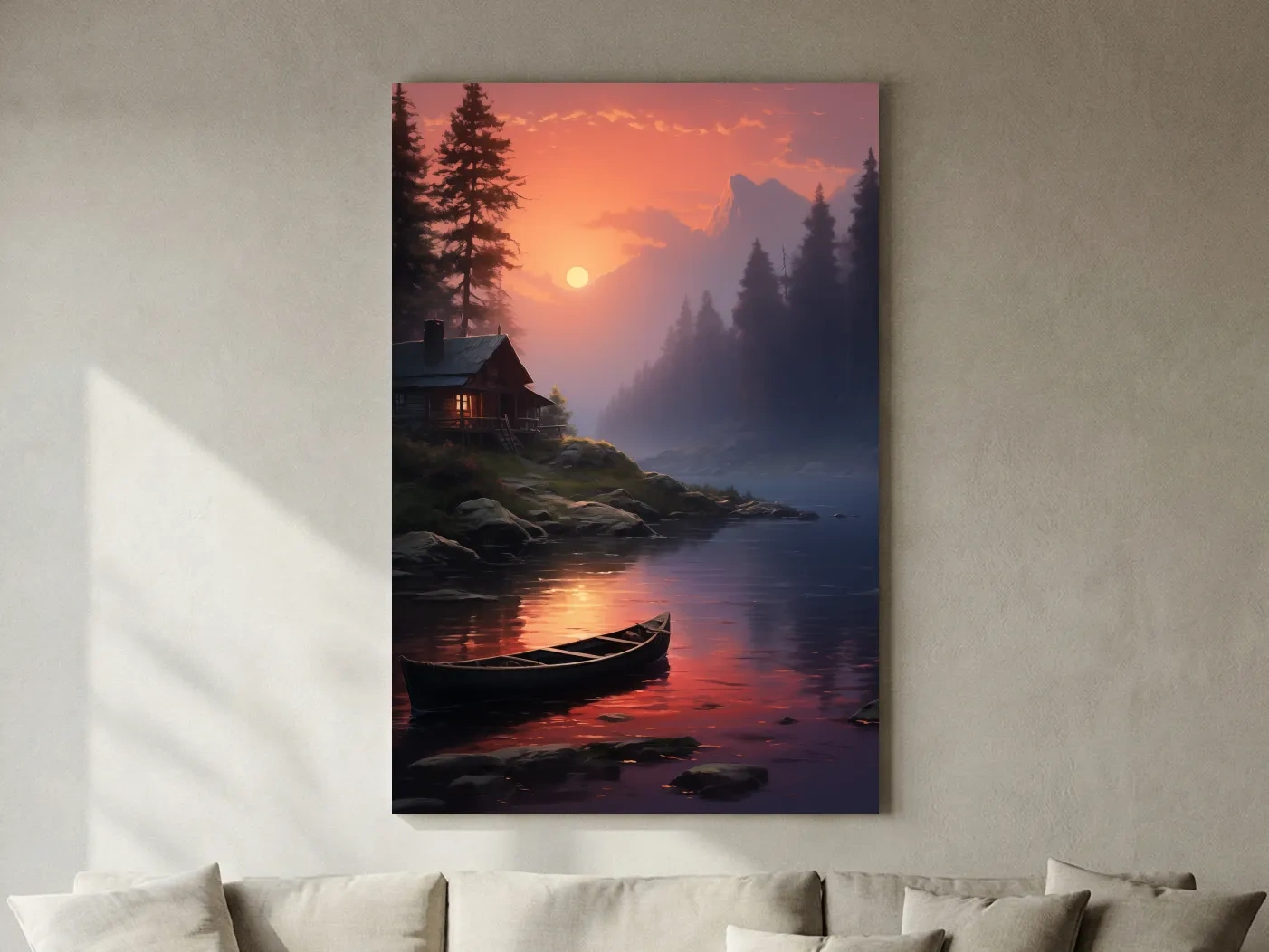Lakeside Cabin Sunset Landscape - Cinematic Mountain Lake Wall Art
