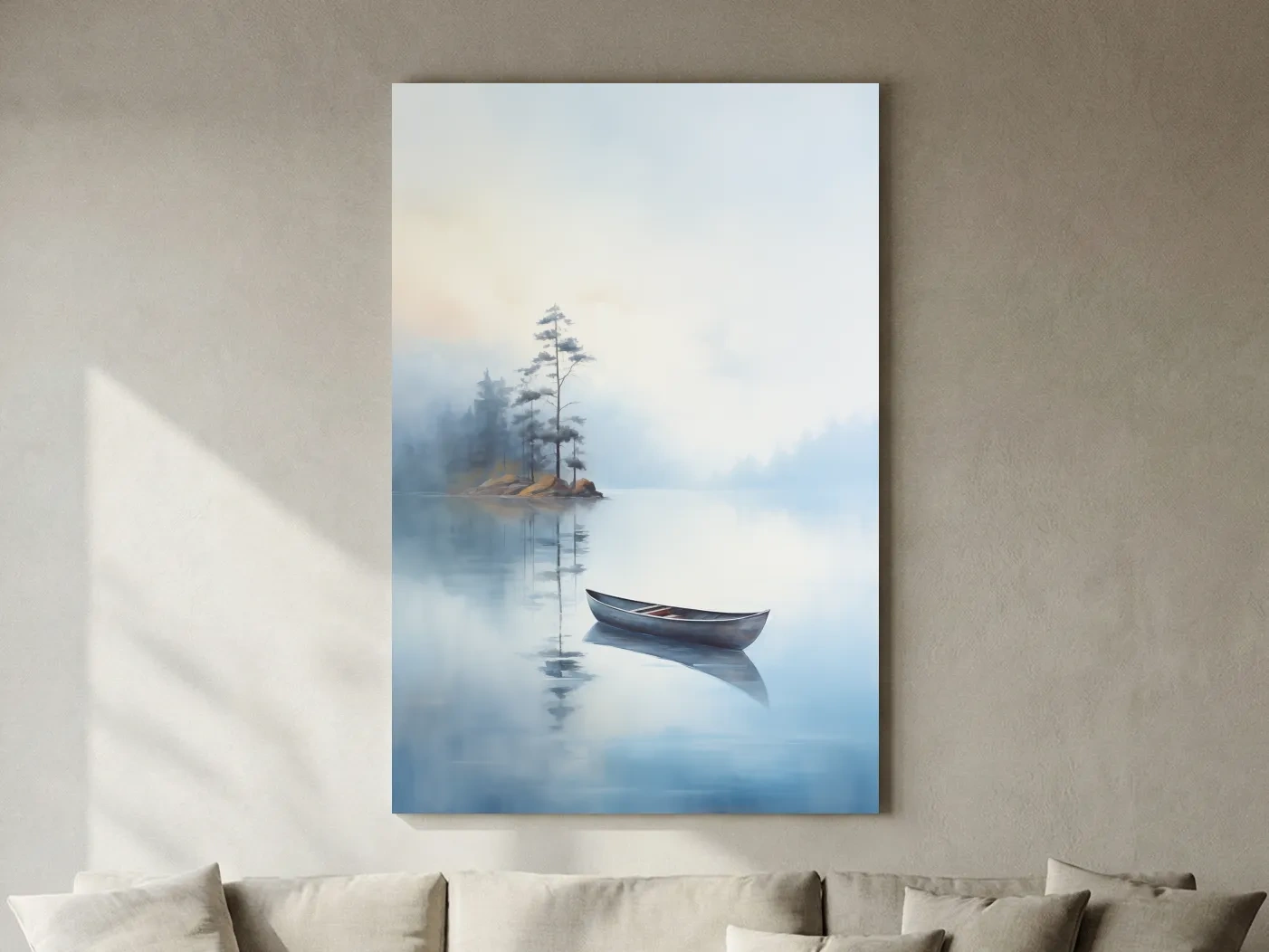 Misty Lake Canoe Painting - Serene Minimalist Watercolor Wall Art