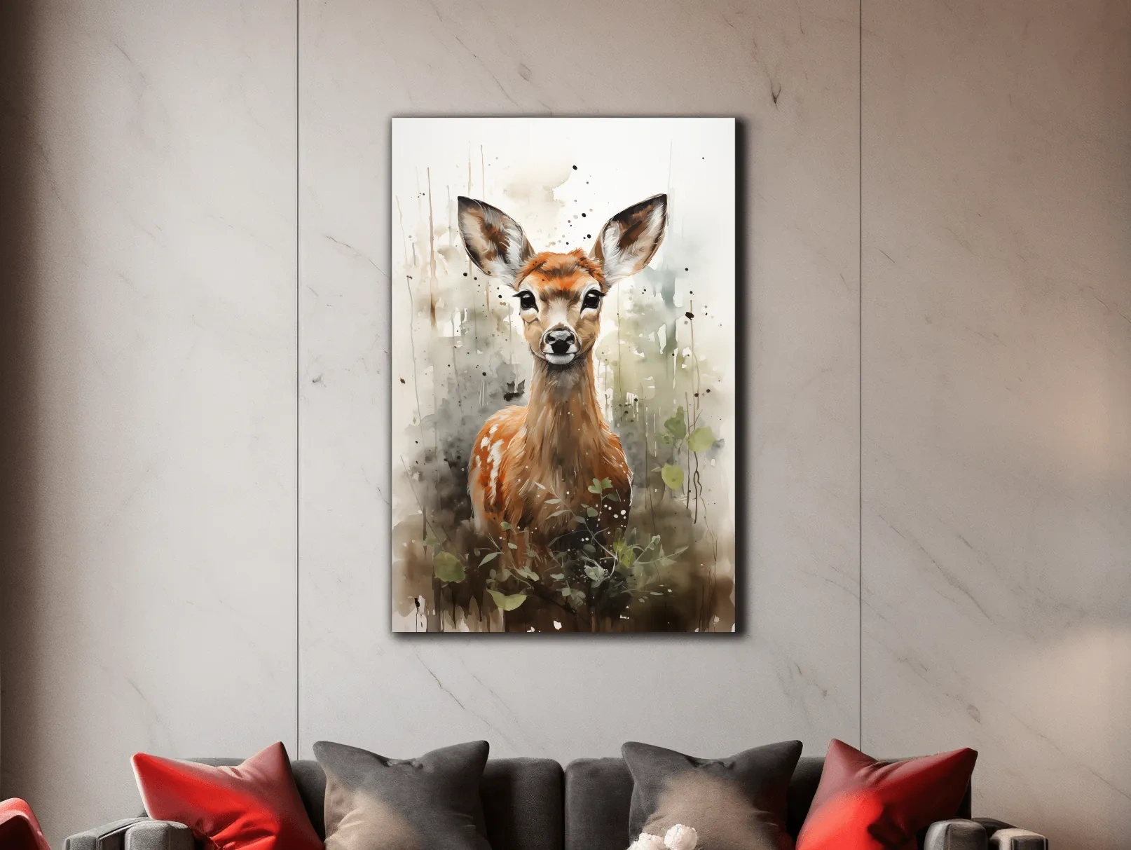 Watercolor fawn wall art, delicate forest setting artwork