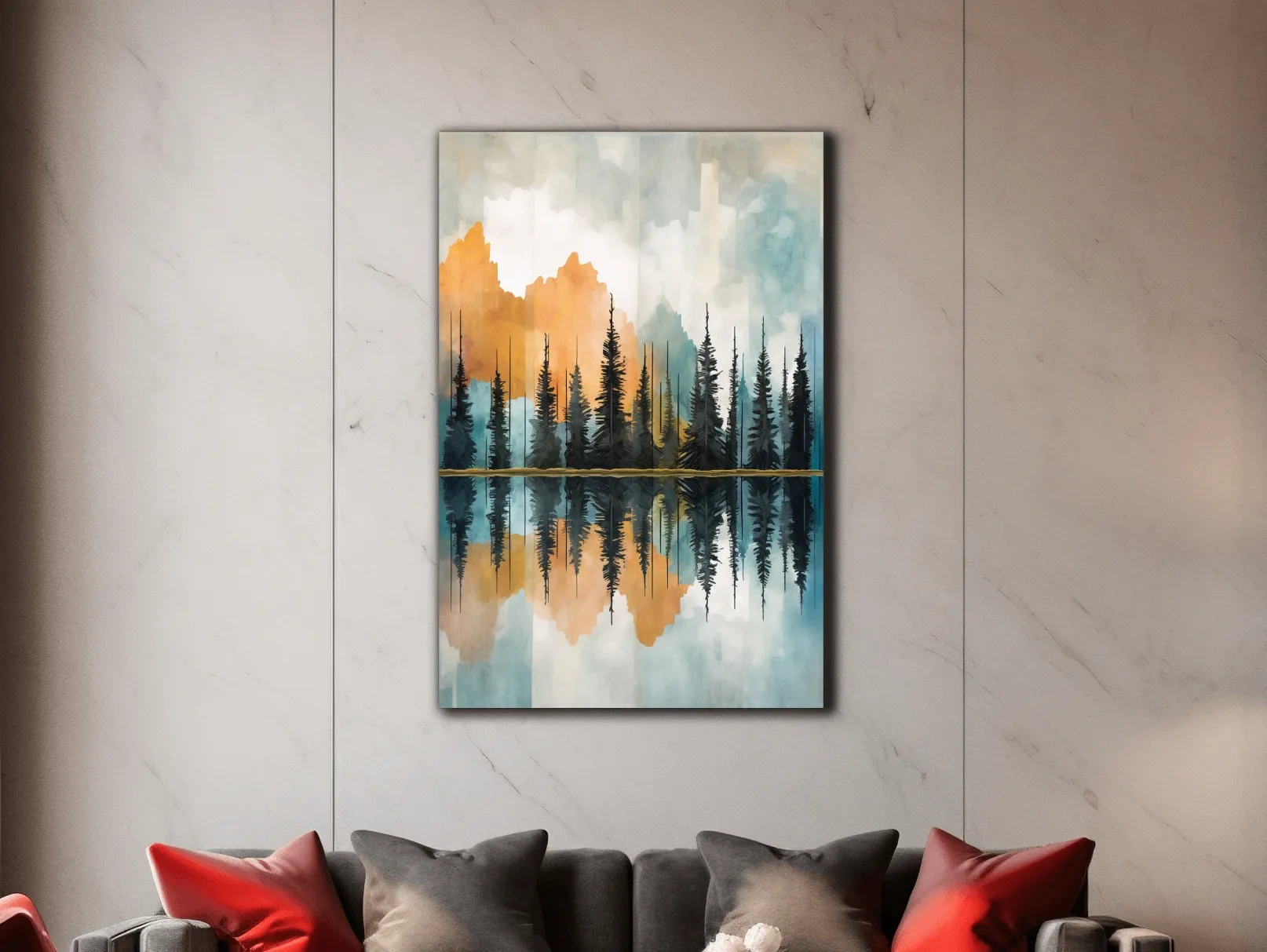 Abstract Watercolor Mountain Lake Reflection - Alpine Forest Landscape Artwork