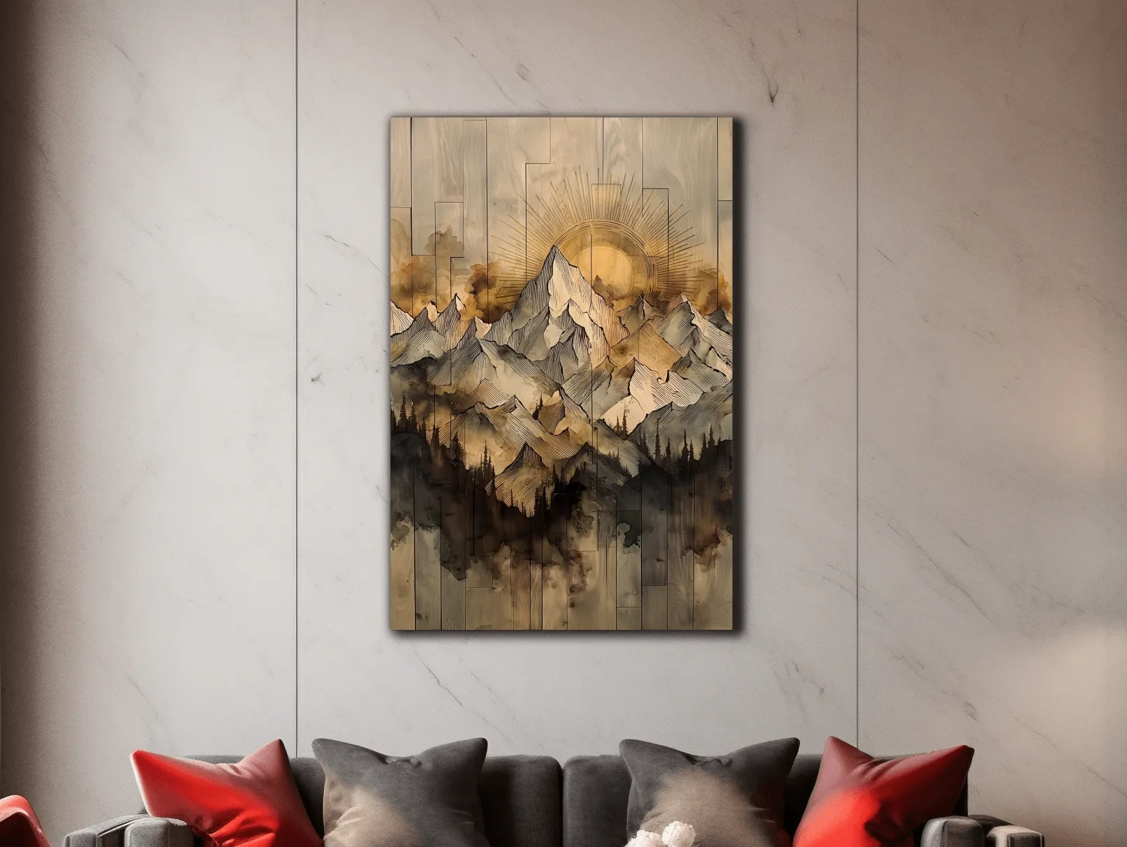 Sunrise Alpine Mountain Range Illustration - Rustic Watercolor Landscape Wall Art