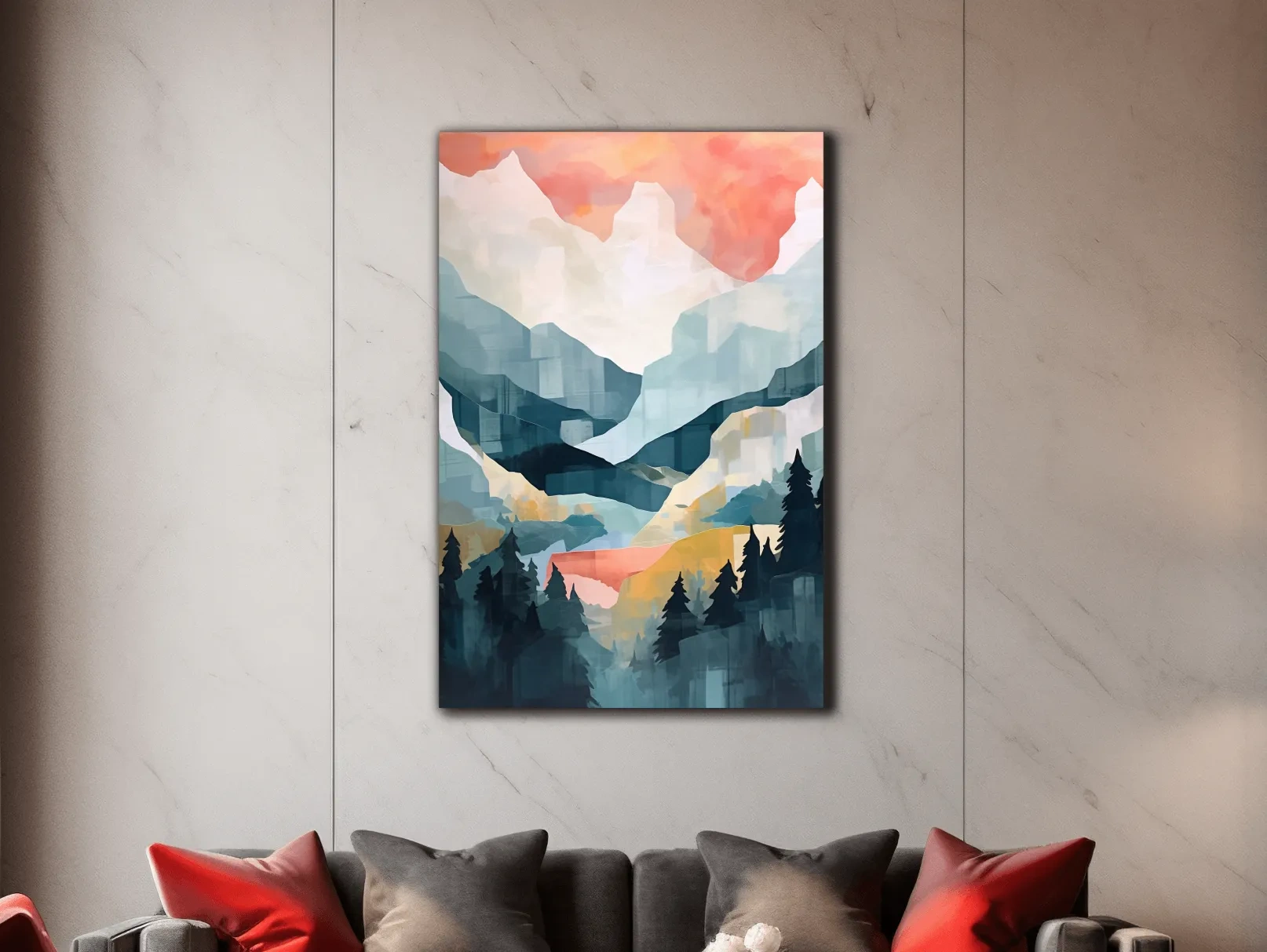 Abstract Watercolor Alpine Mountains At Sunrise - Modern Forest Landscape Artwork