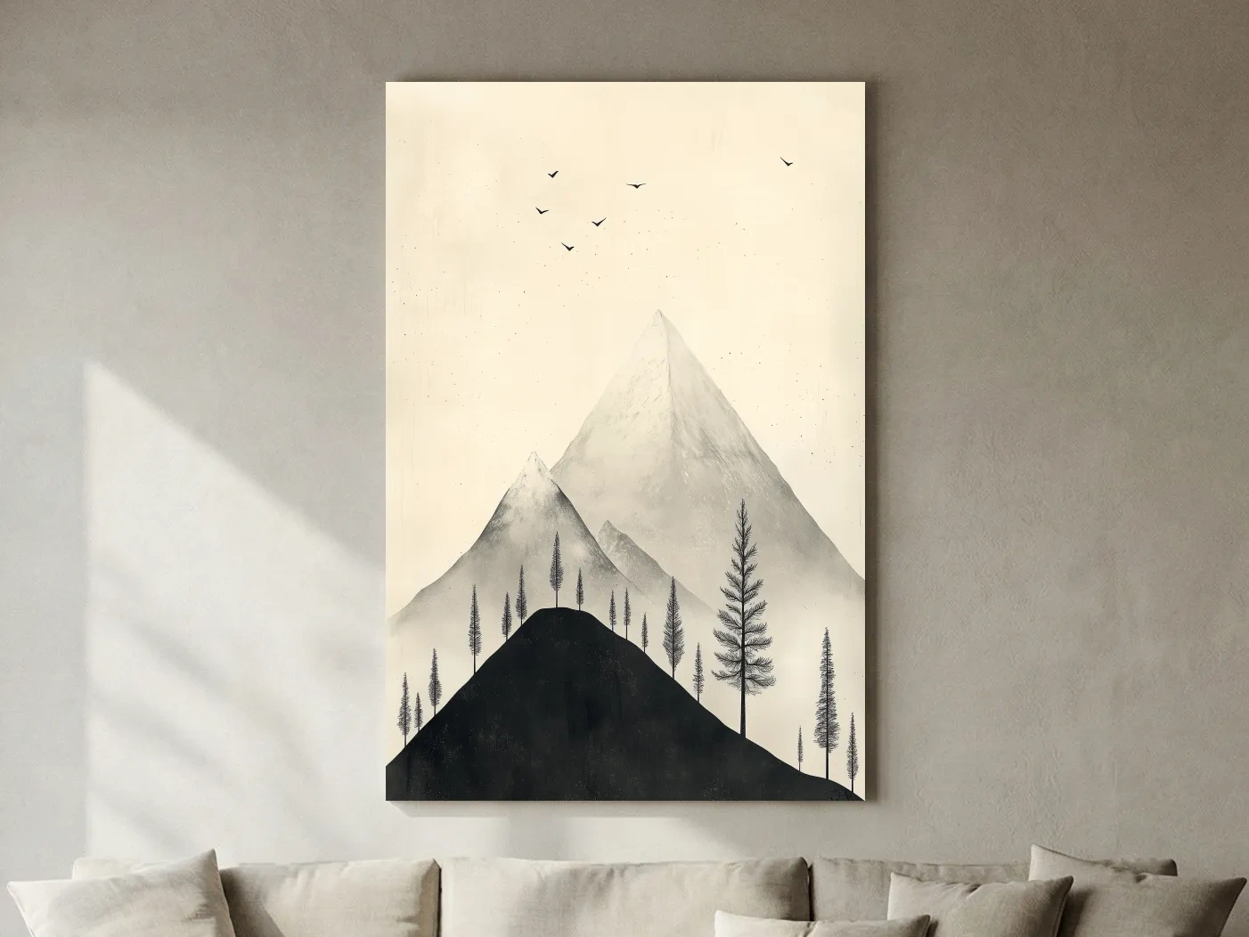 Minimalist Misty Mountain Peaks With Pine Trees - Monochrome Scandinavian Landscape Artwork