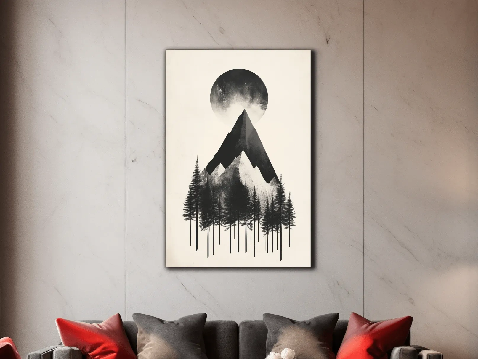 Mystical mountain and forest artwork, monochrome abstract wall art with large moon