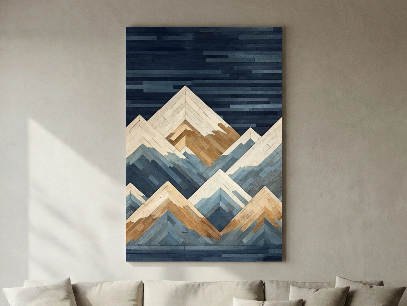 Geometric Layered Mountain Peaks - Wood Texture Landscape Wall Art