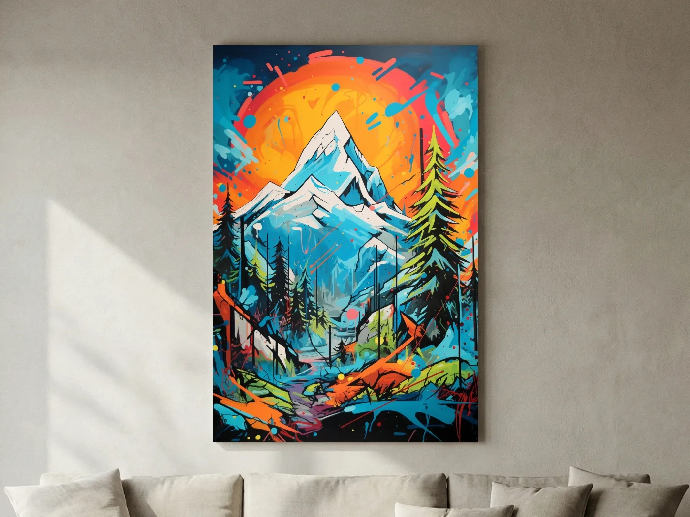 Vibrant Abstract Mountain Sunset Graffitti Painting - Colorful Pop Art Alpine Wall Art