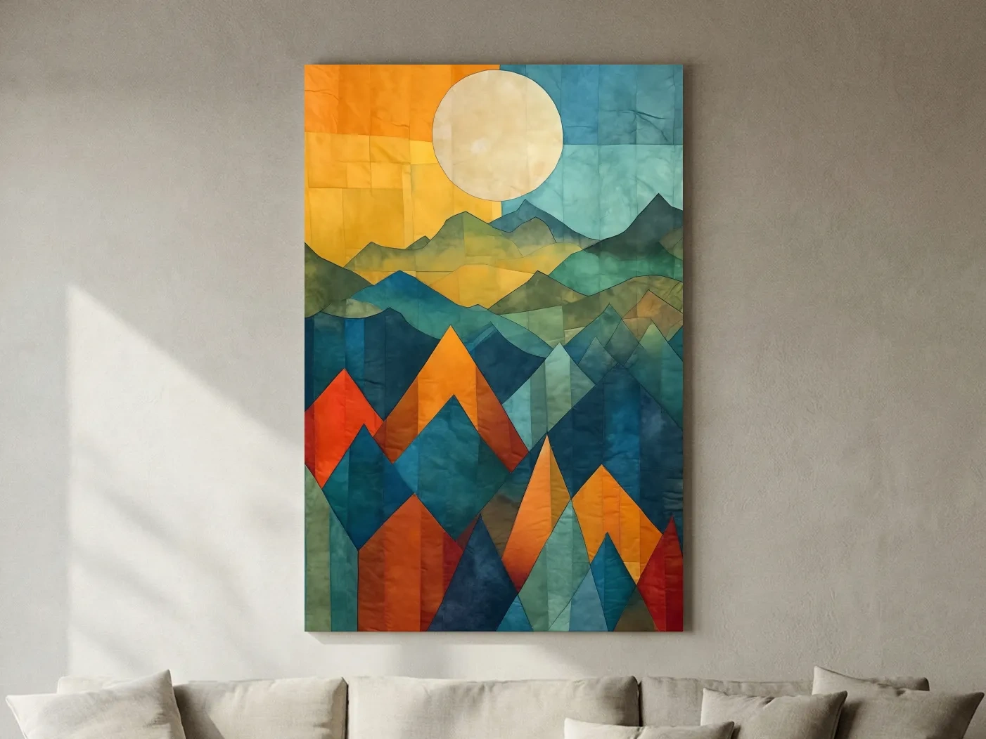 Geometric Patchwork Sunlit Mountain Range Painting - Colorful Abstract Alpine Wall Art