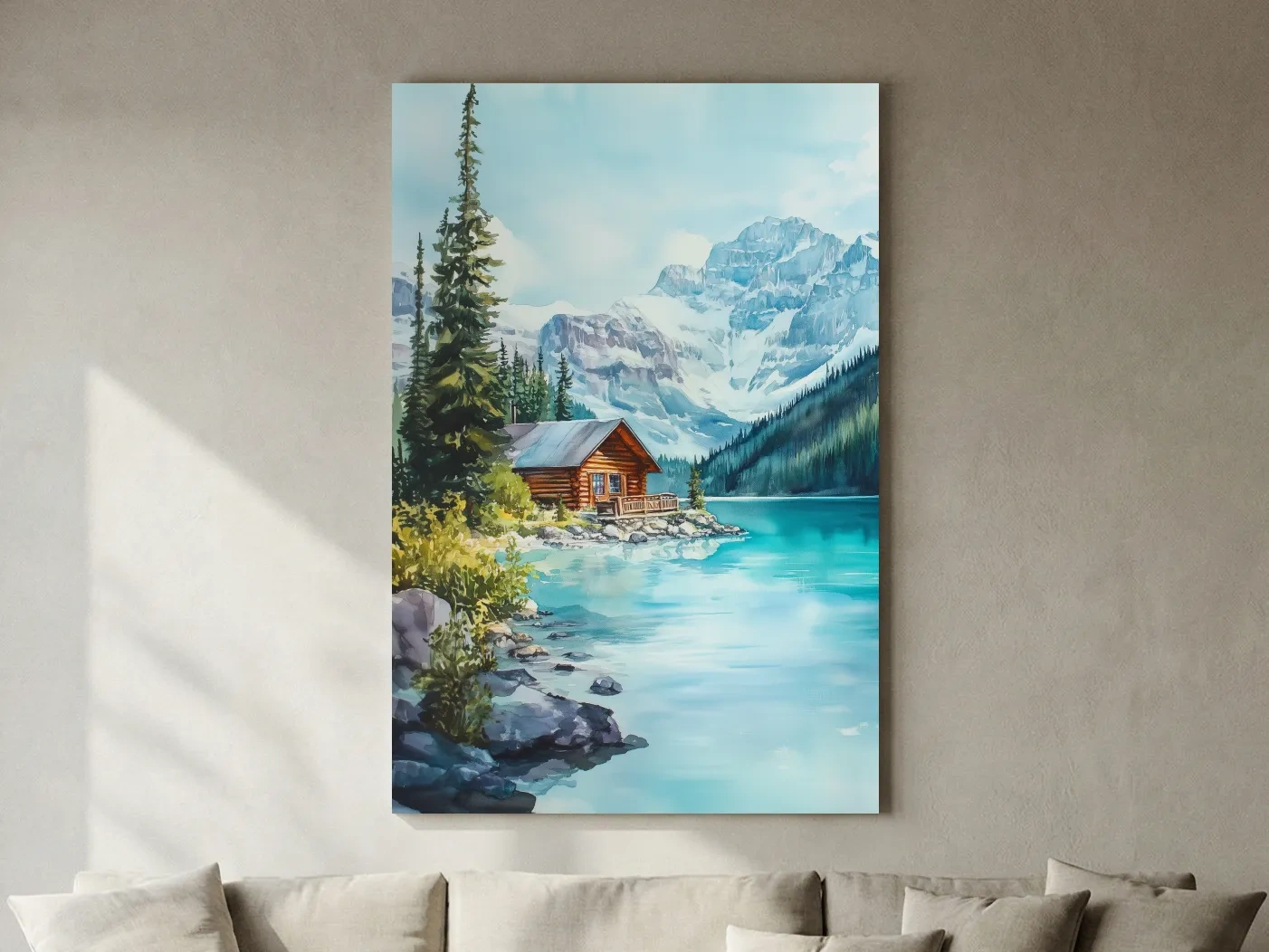Turquoise Alpine Lake Cabin Watercolor - Serene Snowy Mountain Wall Art