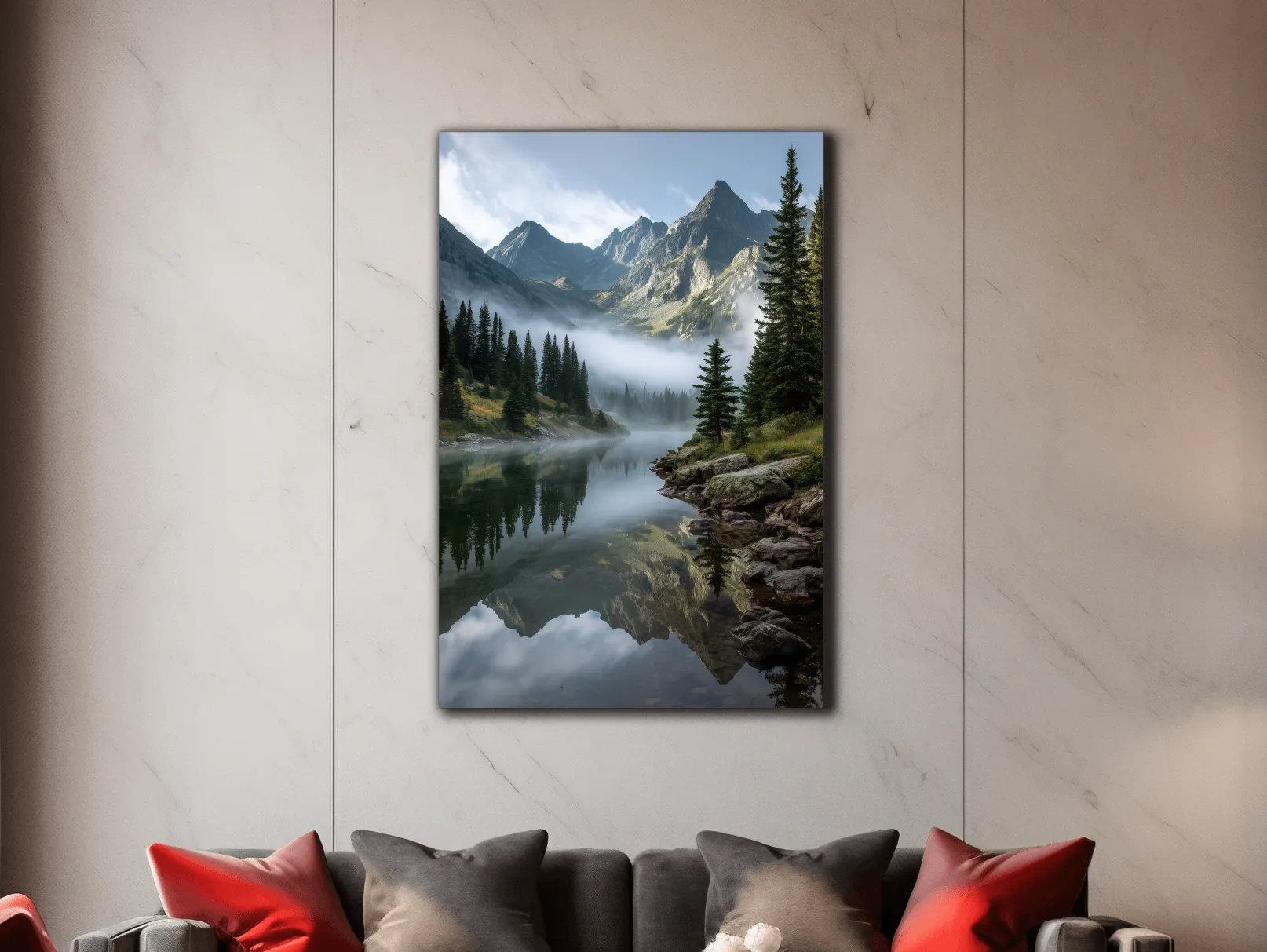 Misty Alpine Lake Photography - Serene Mountain Forest Wall Art