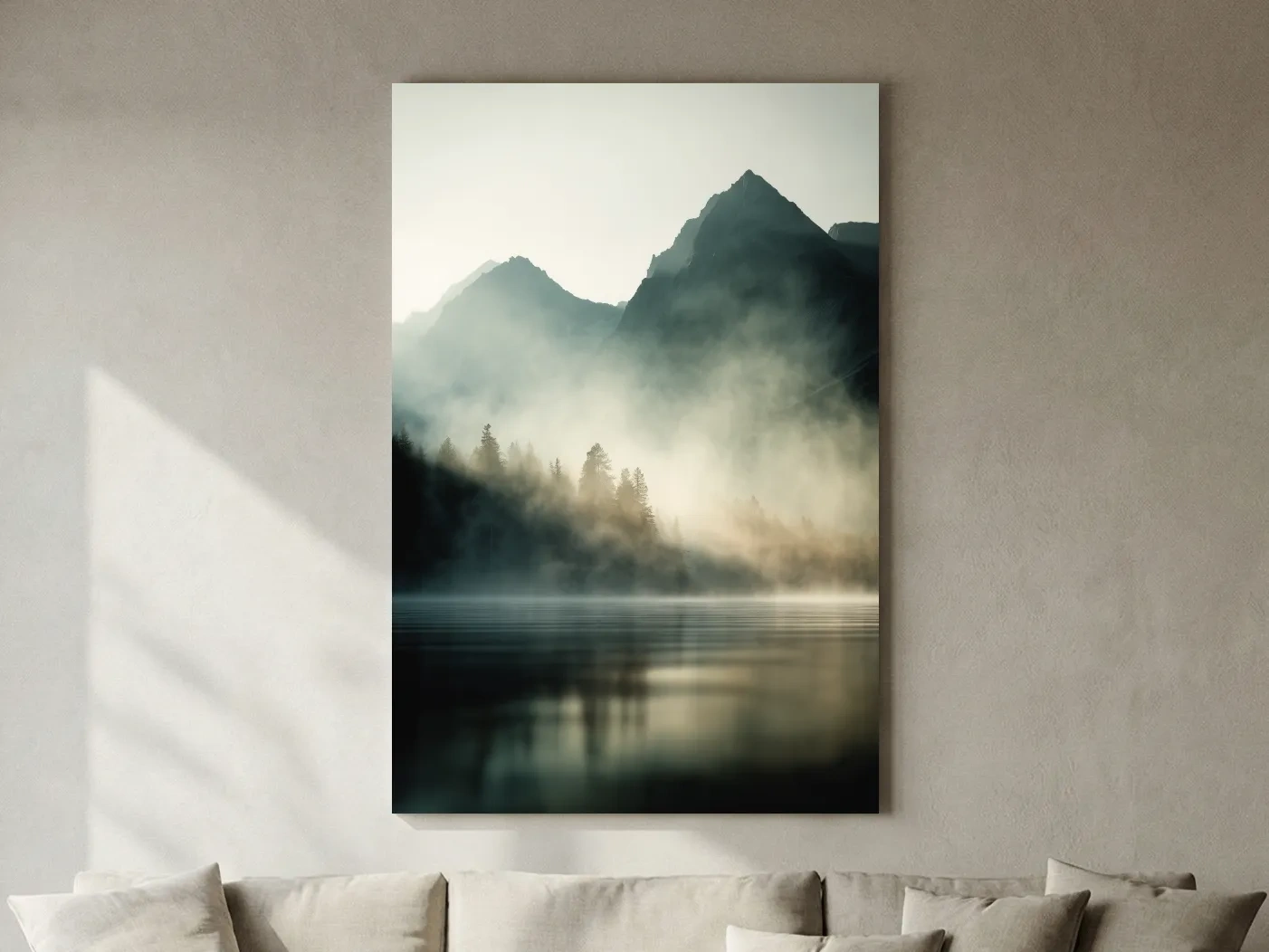 Moody Misty Mountain Lake Landscape - Serene Foggy Pine Forest Wall Art