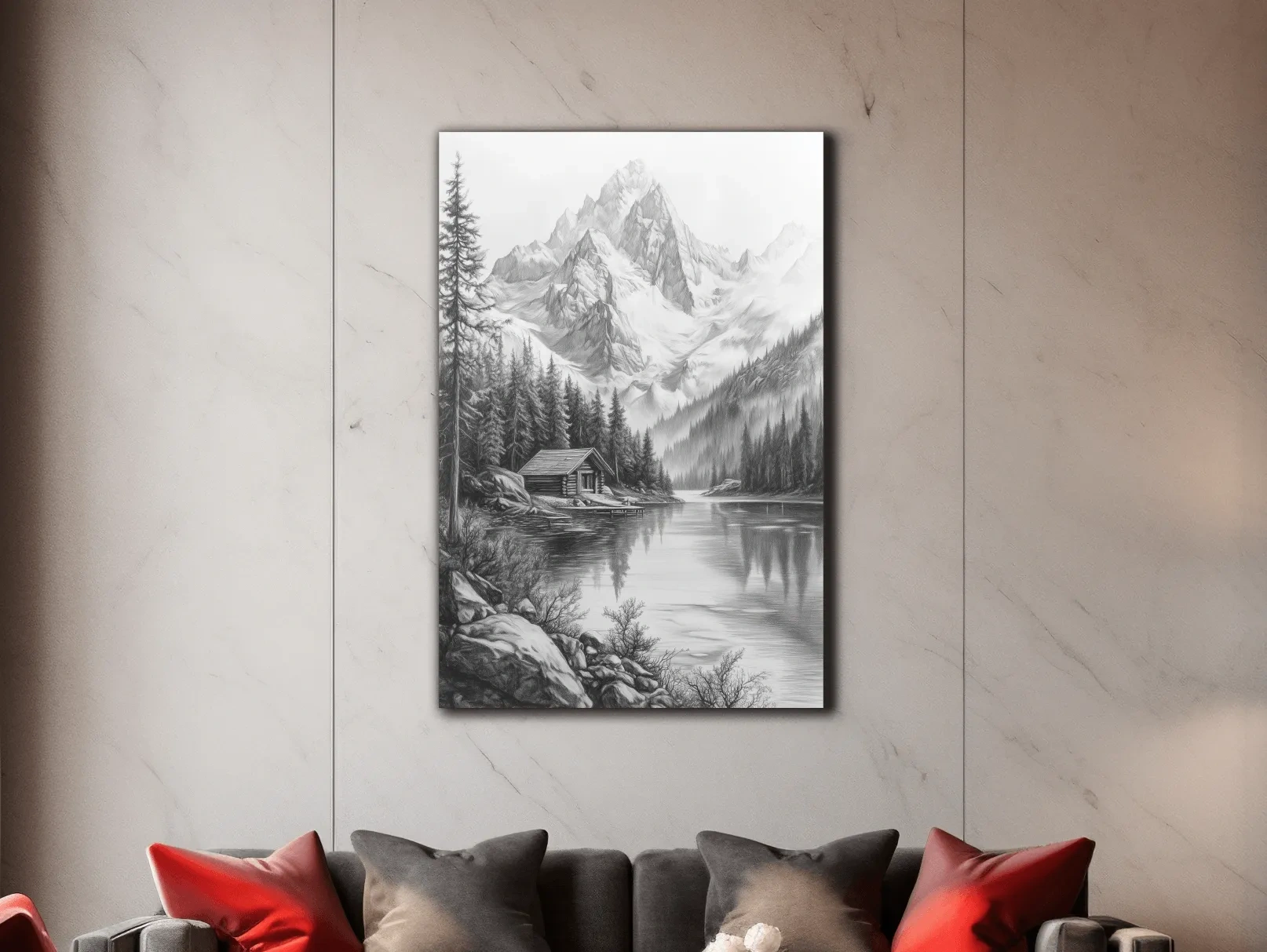 Monochrome Alpine Lake Cabin Sketch Art - Mountain Drawing Wall Art
