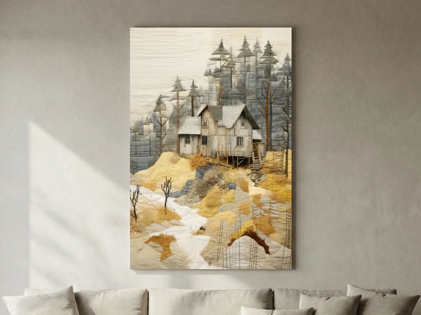 Rustic Woodland Cabin Landscape Quilt Art - Patchwork Style Mixed Media Wall Art