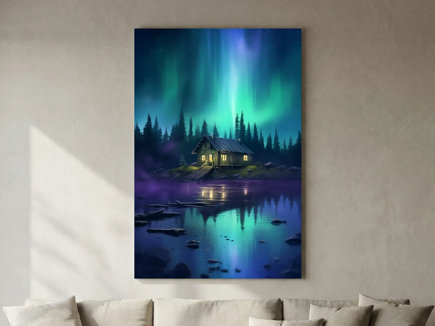 Vibrant Northern Lights Cabin Lake Painting - Aurora Borealis Night Wall Art