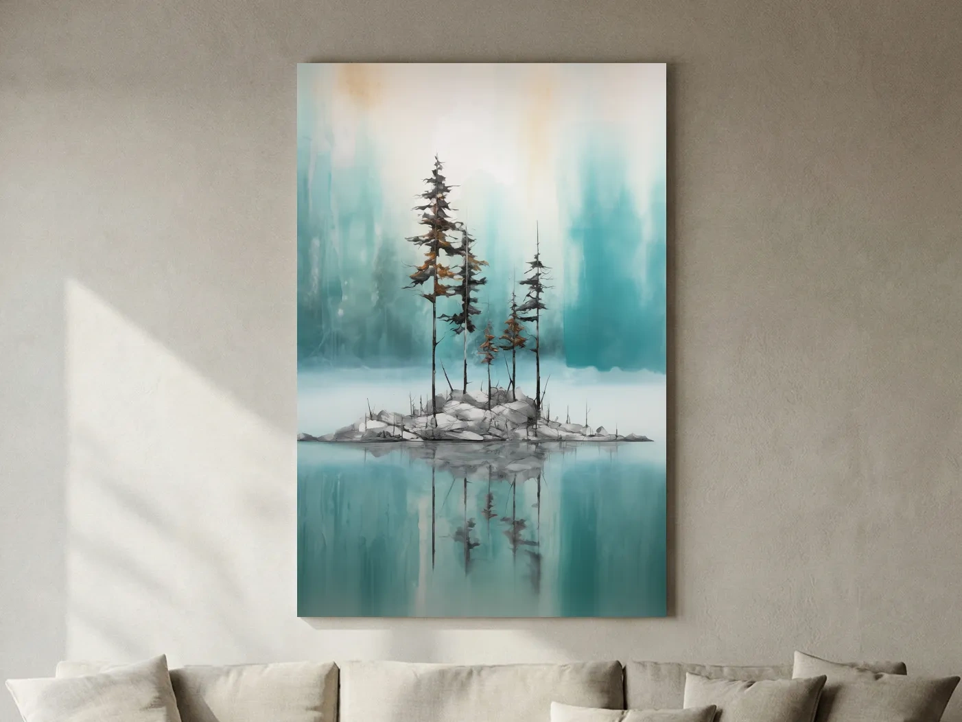 Misty Pine Trees Reflection - Watercolor Turquoise Alpine Lake Wall Art
