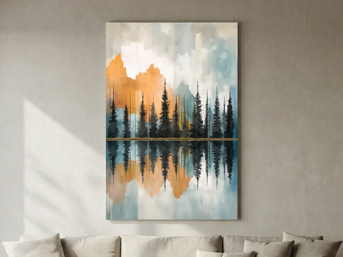 Abstract Watercolor Mountain Lake Reflection - Alpine Forest Landscape Artwork