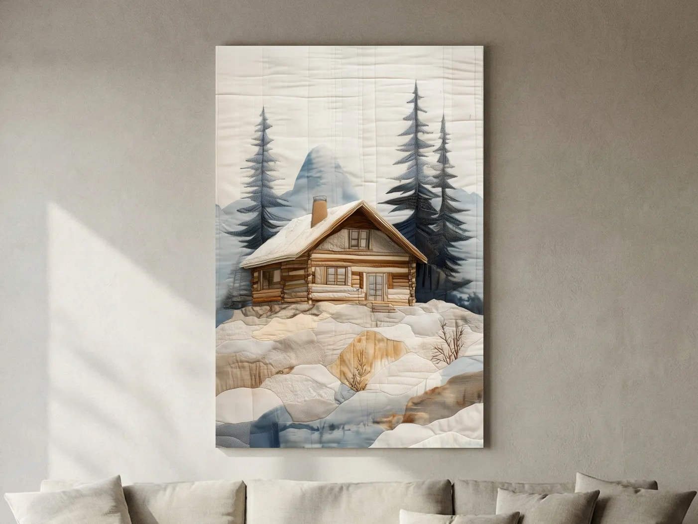 Rustic Winter Cabin In Snowy Pines - Textured Patchwork Fabric Effect Wall Art