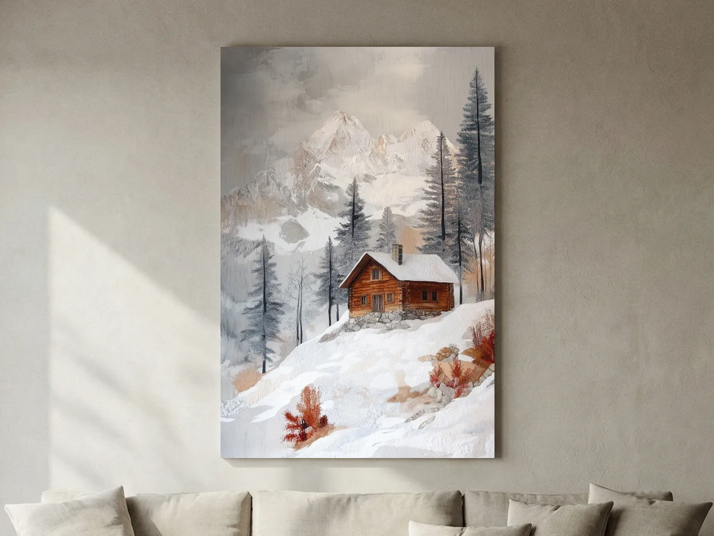 Snowy Mountain Cabin Landscape Painting - Rustic Winter Wilderness Wall Art