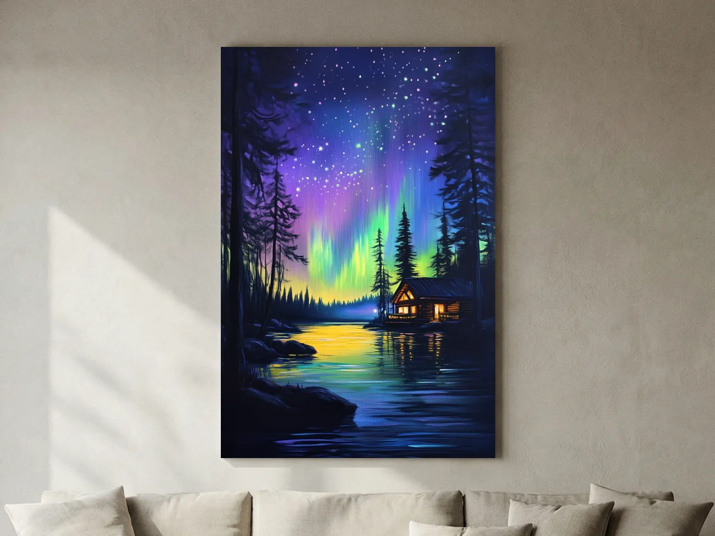 Vibrant Northern Lights Lakeside Cabin Painting - Aurora Borealis Night Landscape Wall Art