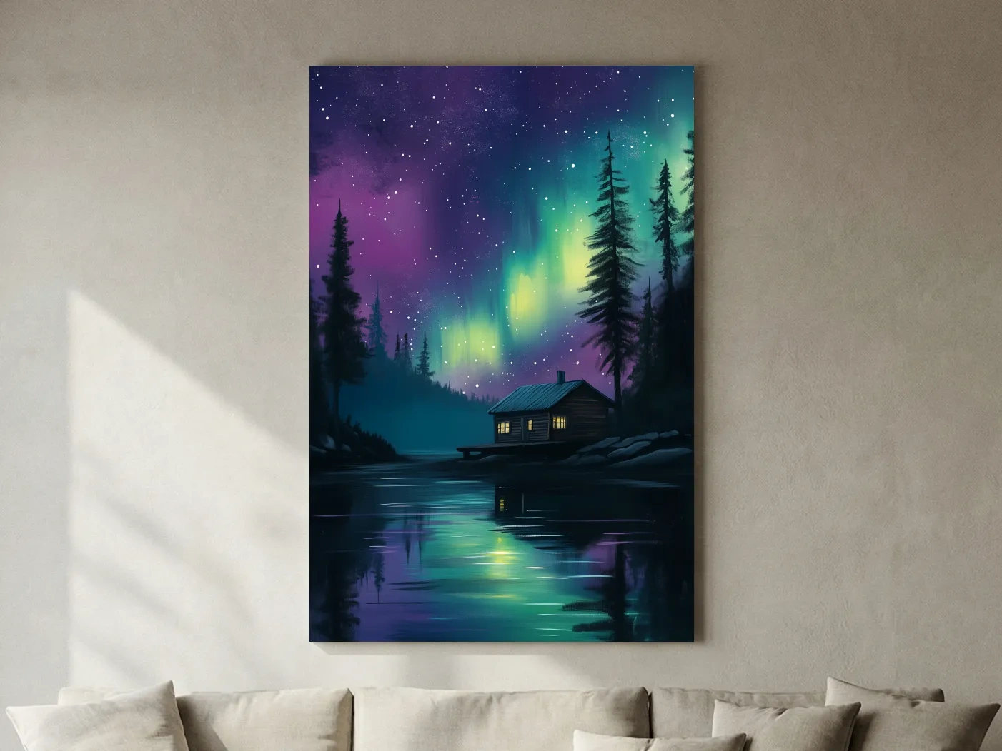 Aurora Borealis Lake Cabin Painting - Northern Lights Wall Art